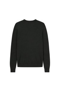 Tmavošedý sveter s okrúhlym výstrihom, dlhými rukávmi a rebrovanými manžetami a spodným lemom. Vyrobený z hladkej, mäkkej tkaniny s čistým dizajnom na zadnej strane.