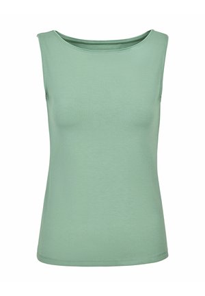 Mouwloos lichtgroen tanktop met brede schouderbanden en een afgeronde hals, afgebeeld tegen een witte achtergrond.