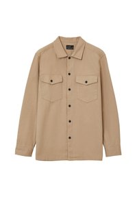 Camicia button-up color beige con maniche lunghe, due tasche sul petto e bottoni neri. Realizzata in tessuto leggero, presenta un design con colletto classico.