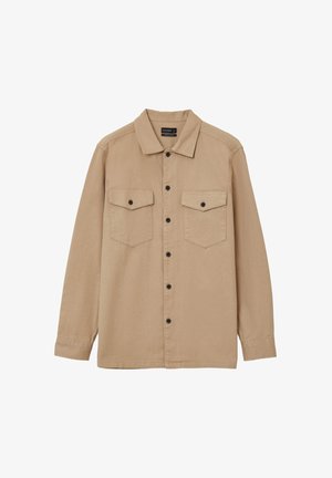 Beige Hemd mit langen Ärmeln, zwei Brusttaschen und schwarzen Knöpfen. Hergestellt aus leichtem Stoff mit einem klassischen Kragendesign.