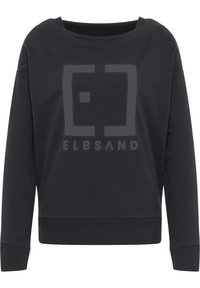 Černá mikina s volným střihem a širokým výstřihem. Má velké šedé logo uprostřed a žebrované manžety pro texturovaný vzhled.