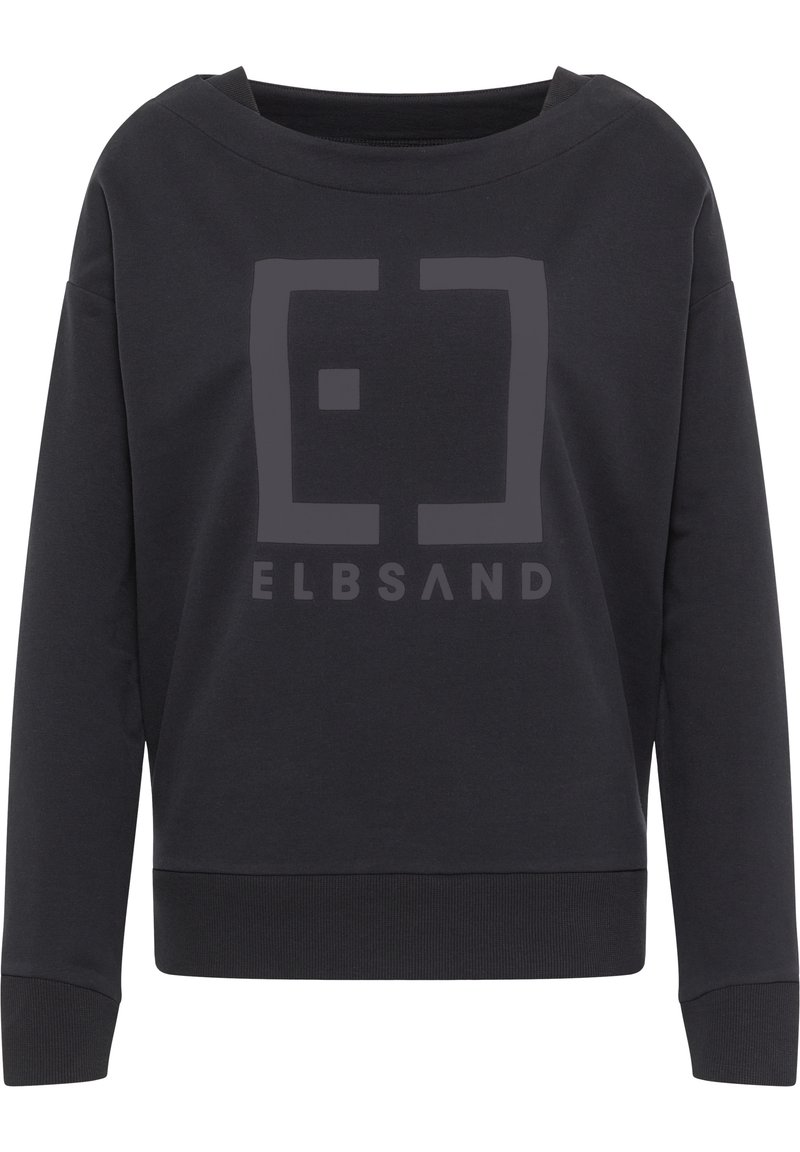 Černá mikina s volným střihem a širokým výstřihem. Má velké šedé logo uprostřed a žebrované manžety pro texturovaný vzhled.