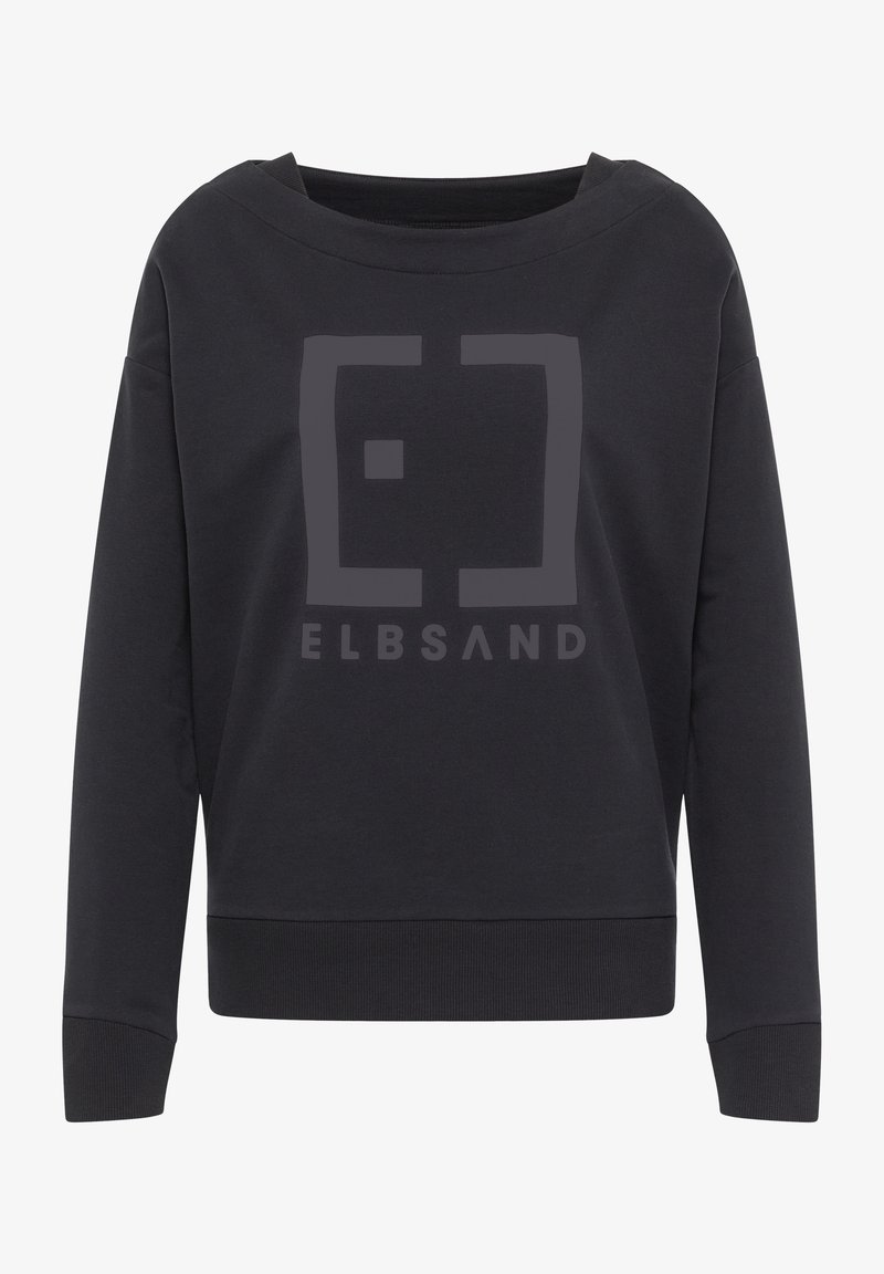 Černá mikina s volným střihem a širokým výstřihem. Má velké šedé logo uprostřed a žebrované manžety pro texturovaný vzhled.