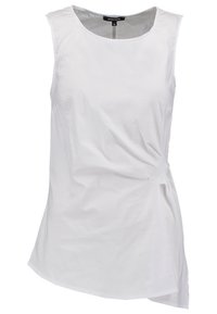 Witte mouwloze blouse met ronde halslijn, subtiele zijdelingse plooien en asymmetrische zoom, maat 36.
