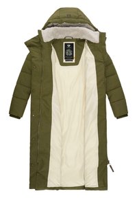 Olivgrön, lång vadderad kappa med en vit, fluffig fleecefoder och innertäckning. Har dragkedja och tryckknappsstängning, med quiltad utsida.