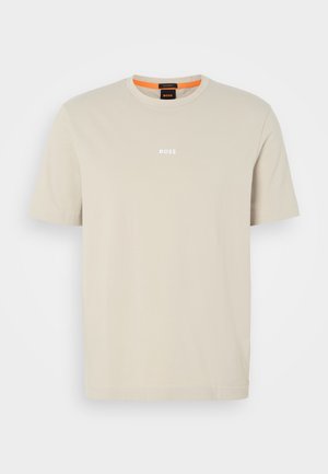 Beige short-sleeve relaxed-fit T-shirt with round neckline and small white "BOSS" logo centered on the chest.