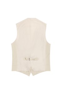 Gilet beige con una texture di tessuto liscia, dotato di una fascia posteriore per la regolazione e un orlo a punta per un aspetto sartoriale.