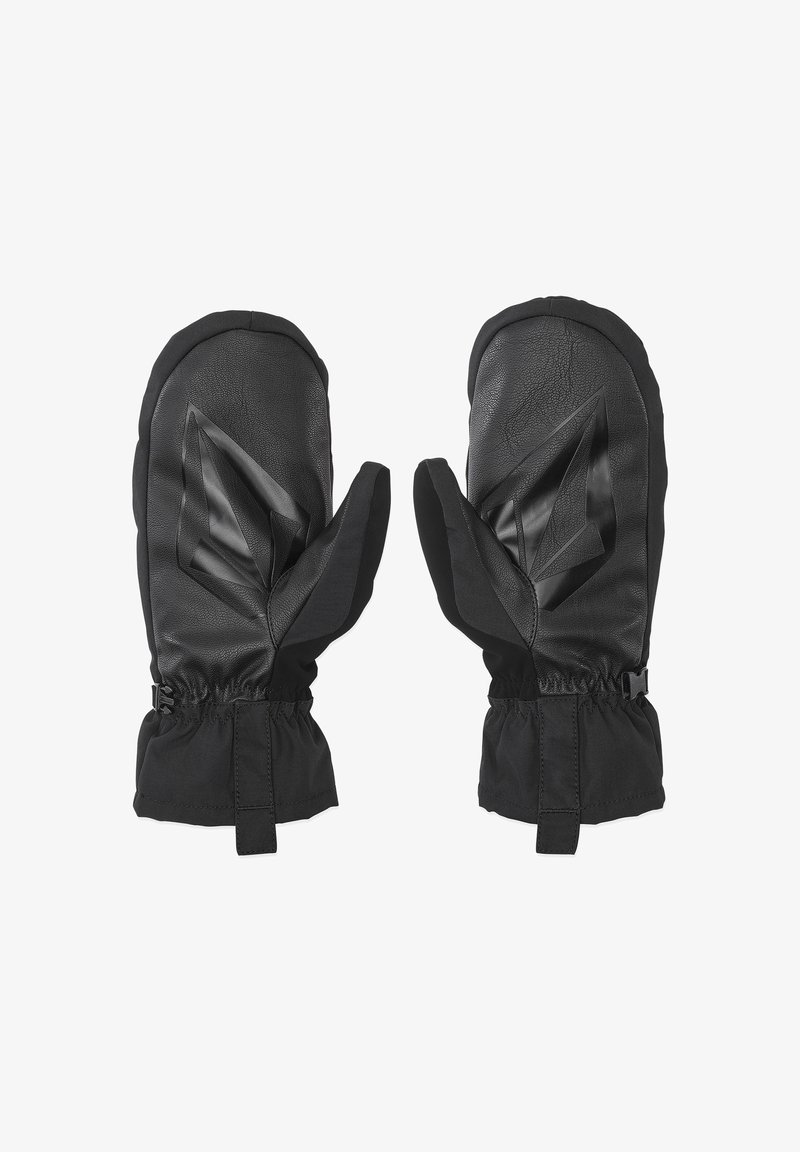 Manoplas negras con palma de cuero y puños de tela. Presentan un diseño texturizado, muñeca elástica para un ajuste seguro y elegantes acentos geométricos.