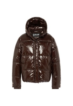 Veste matelassée marron foncé brillante avec capuche, motif matelassé, manches longues et fermeture devant, étiquette Schott à l'intérieur du col.