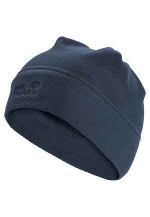 Berretto in pile blu navy con risvolto e sottile logo del marchio ricamato sul davanti.