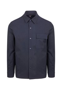Marineblauw button-up shirt van gladde stof; heeft een borstzak, kraag en rechte zoom. De knopen passen bij de kleur van de stof.