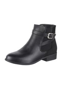 Botas negras hasta el tobillo hechas de cuero y tela elástica. Cuentan con una correa de hebilla lateral, punta redondeada y tacón bajo apilado.
