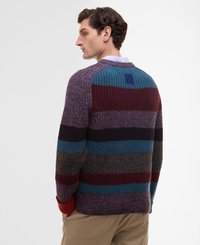 Wielokolorowy sweter wykonany na drutach z poziomymi paskami w kolorach purpury, niebieskiego, burgundowego i szarego, o fakturze ribb oraz czerwonymi akcentami na mankietach.