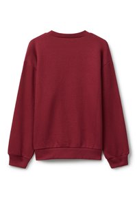 Sudadera de cuello redondo en color burdeos, con mangas largas y puños y dobladillo de canalé, exhibida plana sobre un fondo blanco.