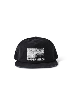 Black cap with a textured fabric front and mesh sides. Features a white graphic with "FORMER MERCH" text. Curved brim.
