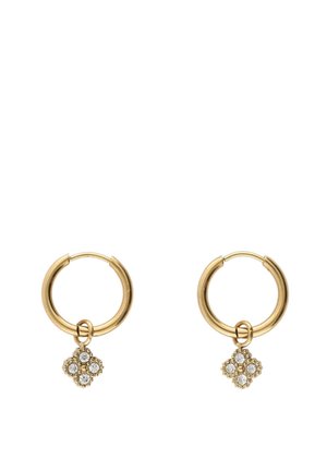 Gouden vergulde oorbellen in een ronde vorm, met een decoratieve hanger in een bloemenpatroon versierd met edelstenen.