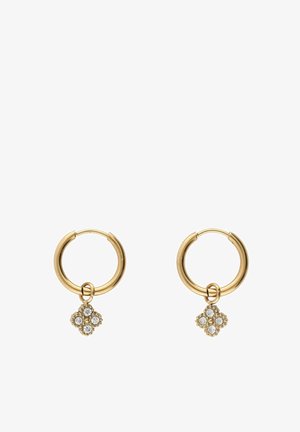 Gouden vergulde oorbellen in een ronde vorm, met een decoratieve hanger in een bloemenpatroon versierd met edelstenen.