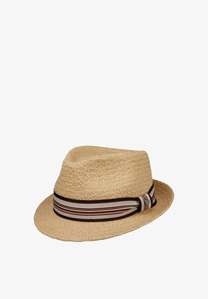Straw fedora hat in natural color with a brown striped ribbon band featuring red, white, and blue accents. Structured shape with a flat brim.