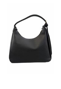 Borsa a spalla in pelle nera con forma curva, superficie testurizzata e una sola tracolla regolabile. Presenta un design minimalista senza hardware visibile.