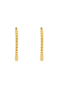Orecchini a cerchio torceduti in oro con una texture liscia, caratterizzati da un design circolare pulito. Hardware minimale nella chiusura.