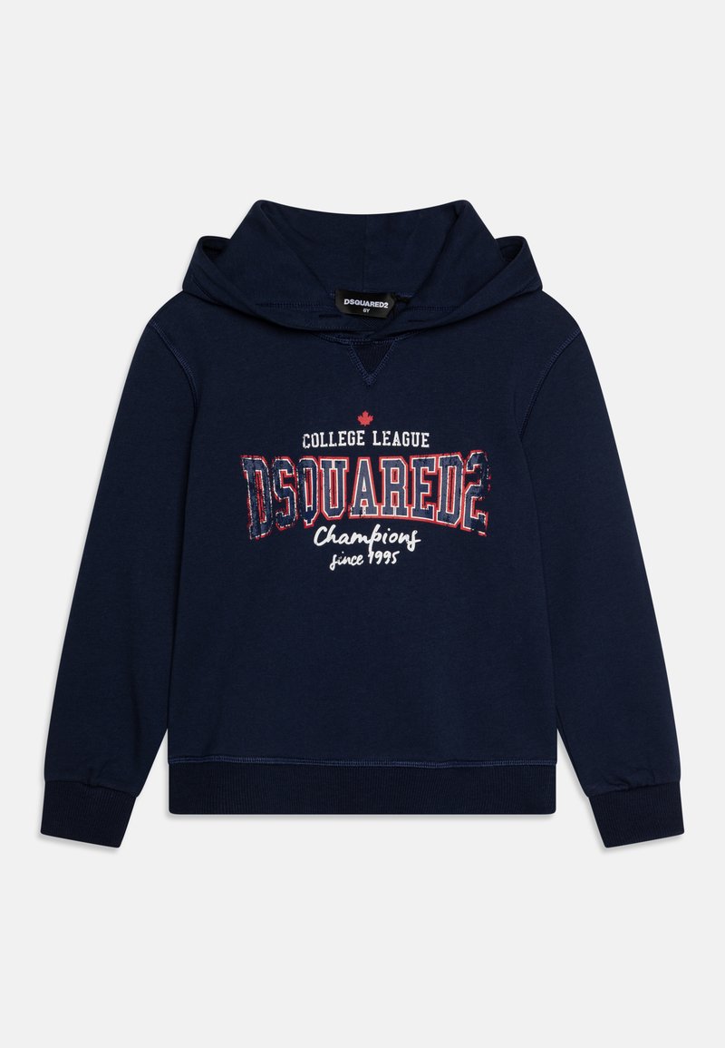Marineblaue Kapuzenjacke mit einem Frontdruck, der "COLLEGE LEAGUE DSQUARED2 Champions seit 1995" zeigt. Hergestellt aus weichem, texturiertem Stoff.