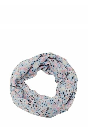 Écharpe infinie bleu clair avec des taches abstraites roses et noires dispersées et une texture de tissu douce.