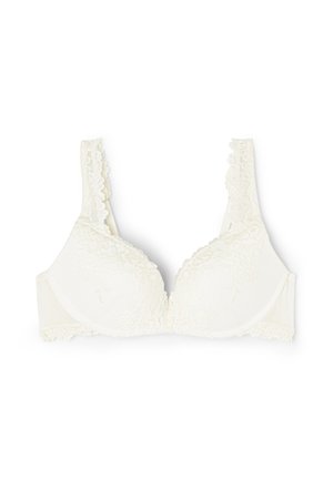 Weißer Spitzen-BH mit Polsterung, Blumenmustern, gewellten Rändern an den Trägern und Bügelunterstützung, vor einfarbigem Hintergrund dargestellt.