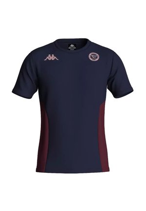 Camiseta deportiva azul marino de manga corta con paneles laterales granate, logo de Kappa en el pecho derecho y escudo de Dunfermline Athletic en el pecho izquierdo.