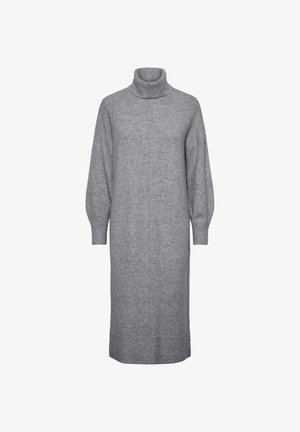 Pelēka adīta kleita ar augstu rollkrānu, garām pūkainām piedurknēm un taisnu, līdz ceļiem garu siluetu. Iespējamas ribu aproces un apakšmala.