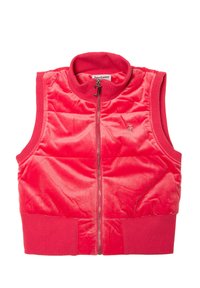 Gilet senza maniche imbottito rosso realizzato in tessuto morbido e texturizzato, caratterizzato da un alto colletto, zip frontale e orlo e giromanica a coste.