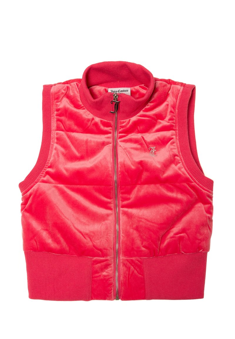 Gilet senza maniche imbottito rosso realizzato in tessuto morbido e texturizzato, caratterizzato da un alto colletto, zip frontale e orlo e giromanica a coste.