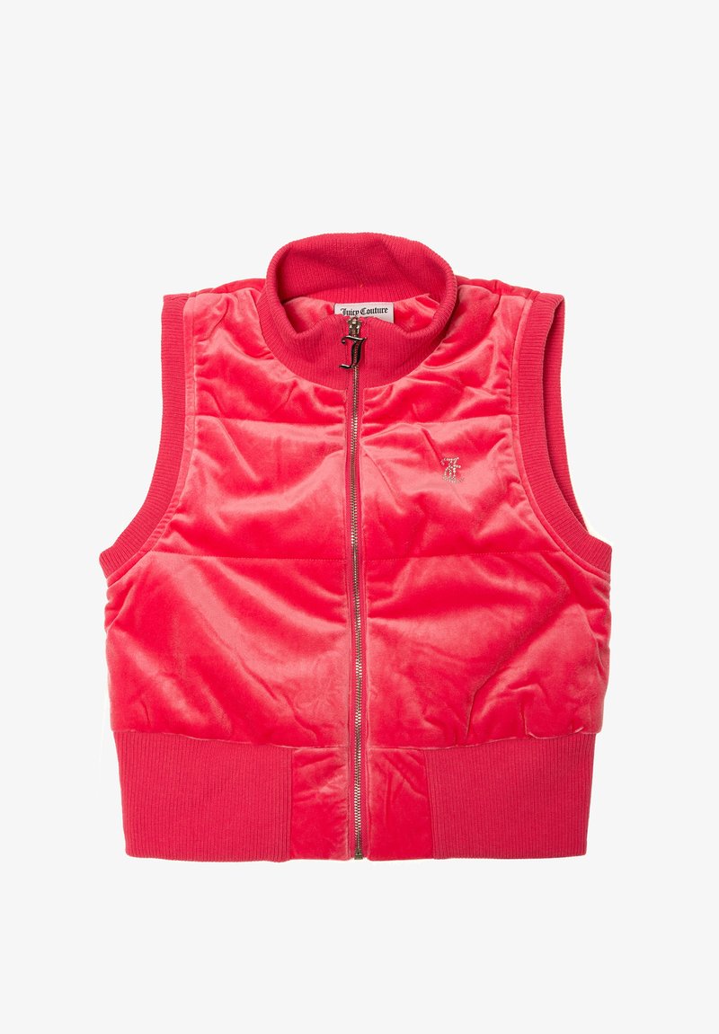 Gilet senza maniche imbottito rosso realizzato in tessuto morbido e texturizzato, caratterizzato da un alto colletto, zip frontale e orlo e giromanica a coste.
