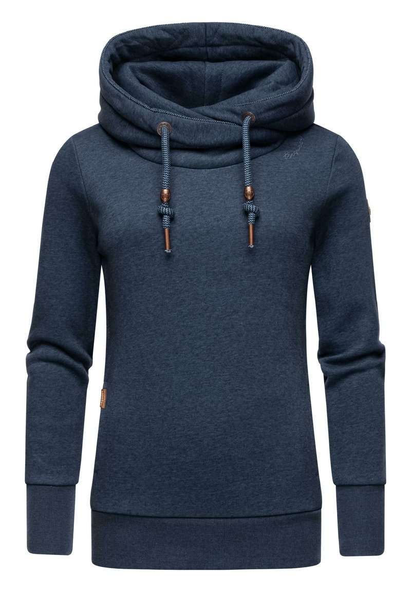 Felpa blu navy con un ampio collo a scialle, lacci e un tessuto texture. Presenta polsini a costine e un piccolo dettaglio del logo sul lato.