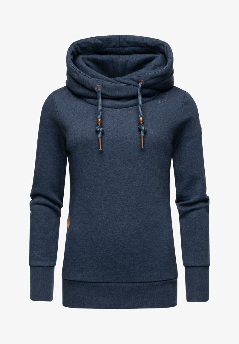 Navy blue hoodie with a large cowl neck, drawstrings, and a textured fabric. Features ribbed cuffs and a small logo detail on the side.