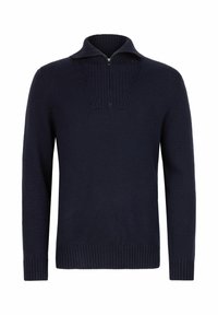 Navyblauer Pullover mit einem Viertelreißverschluss-Kragen, gerippter Textur und einer taillierten Passform. Merkmale sind eine einfarbige Optik und lange Ärmel.