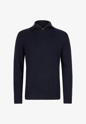 Granatowy sweter z półzamkiem i prążkowaną teksturą, o dopasowanym kroju. Charakteryzuje się jednolitą kolorystyką i długimi rękawami.