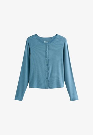 Plava dugosleeve rebrasta kardigan s okruglim izrezom i sedam gumba sprijeda, označen "NEXT," prikazan na bijeloj pozadini.