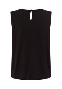 Haut sans manches noir en tissu doux, avec un col rond et un détail dos avec une ouverture en forme de trou de serrure, fermé par un bouton.