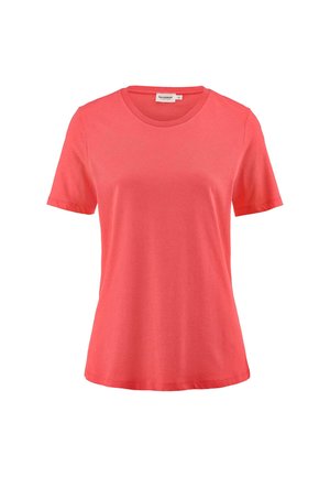Koralli lyhythihainen t-paita, joka on valmistettu pehmeästä kankaasta, jossa on pyöreä pääntie ja rento istuvuus. Sileä pinta ilman näkyviä kuvioita.