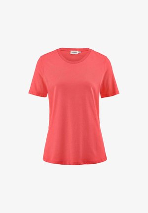 Koralli lyhythihainen t-paita, joka on valmistettu pehmeästä kankaasta, jossa on pyöreä pääntie ja rento istuvuus. Sileä pinta ilman näkyviä kuvioita.