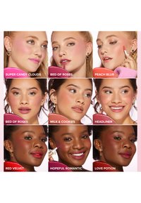 Nine makeup looks displayed in a grid with each featuring different lip colors. Soft lighting highlights various skin tones and blush shades.