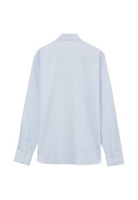 Camicia a maniche lunghe con bottoni a righe blu chiaro e bianche, dotata di colletto standard e polsini con un bottone, realizzata in un tessuto liscio.