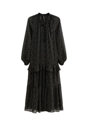 Black, tiered dress made of lightweight, sheer fabric with a ruffled neckline and long sleeves, adorned with a subtle floral print.