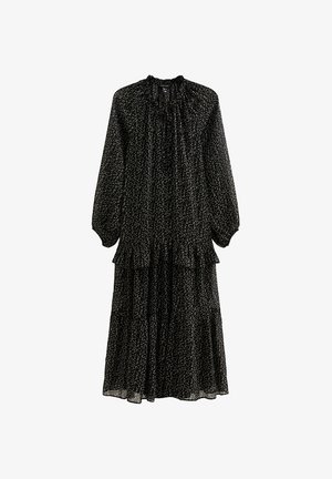 Vestito nero a strati realizzato in tessuto leggero e trasparente, con scollo arricciato e maniche lunghe, decorato con un delicato motivo floreale.