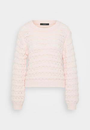 Helles rosa gestricktes Sweatshirt mit einem strukturierten Wellenmuster, Rundhalsausschnitt und gerippten Bündchen und Saum. Kürzer geschnittene Design.