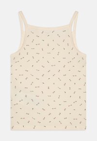 Top in tessuto leggero di colore beige chiaro con spalline sottili, decorato con un motivo floreale distribuito in modo casuale nei toni del rosa e del verde.