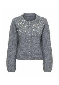 Pelēks adīts kardigans ar apaļu izgriezumu un pērļu rotājumiem priekšpusē. Ir pogu aizdare un garas piedurknes. Mākslīgi silts materiāls.