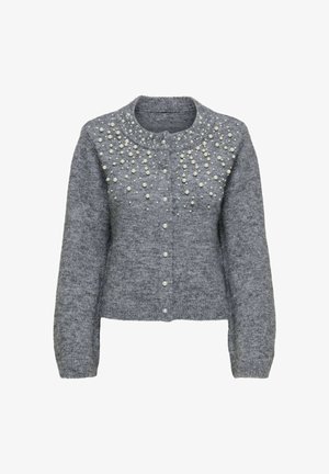 Gray knitted cardigan with round neckline and pearl embellishments on the front. Features button closure and long sleeves. Cozy texture.