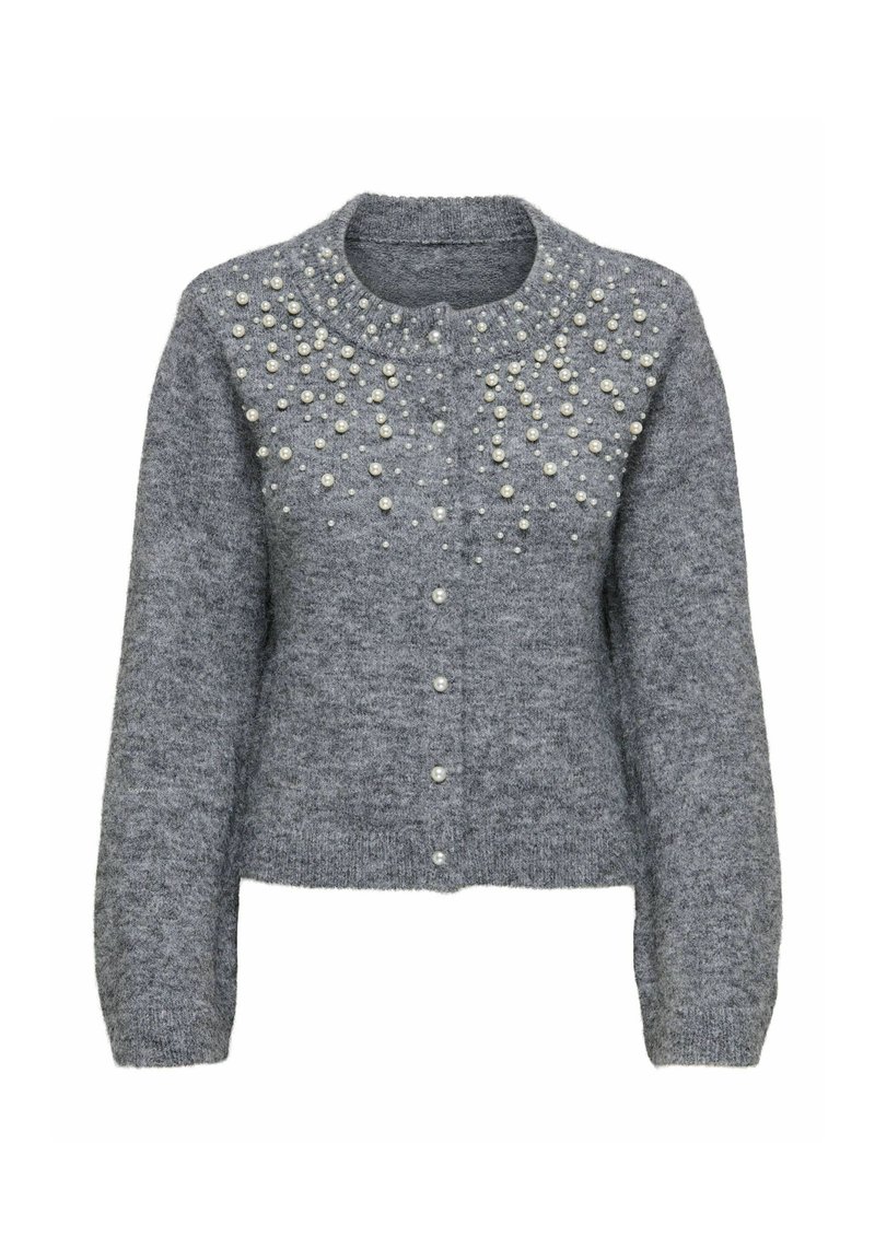 Pelēks adīts kardigans ar apaļu izgriezumu un pērļu rotājumiem priekšpusē. Ir pogu aizdare un garas piedurknes. Mākslīgi silts materiāls.