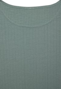 Ribbed, green top with a round neckline. Soft texture, subtle sheen, and evenly spaced vertical lines. Features stitched edges.